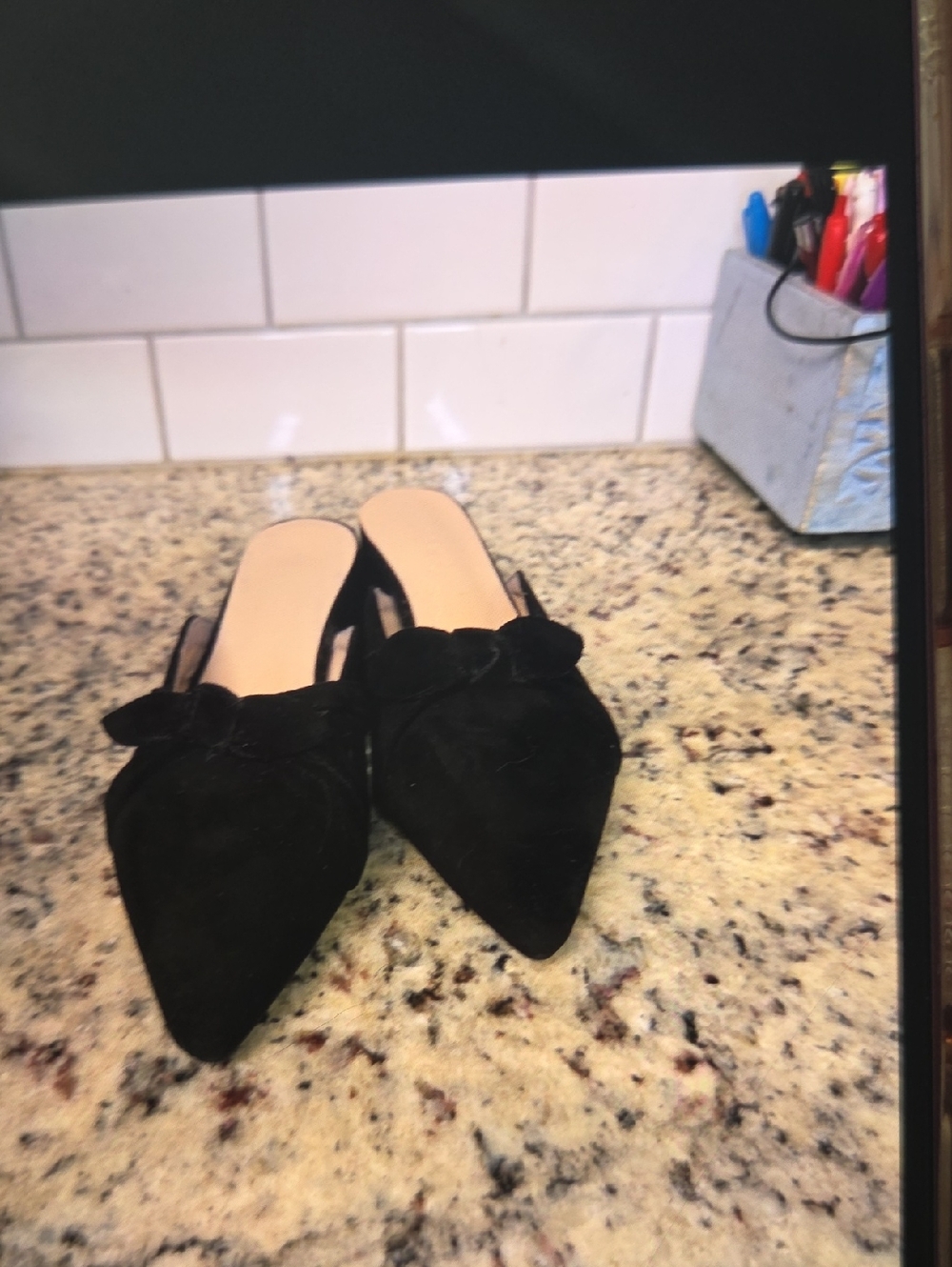 Black Pointed Toe Slip-On Mules with Bow
